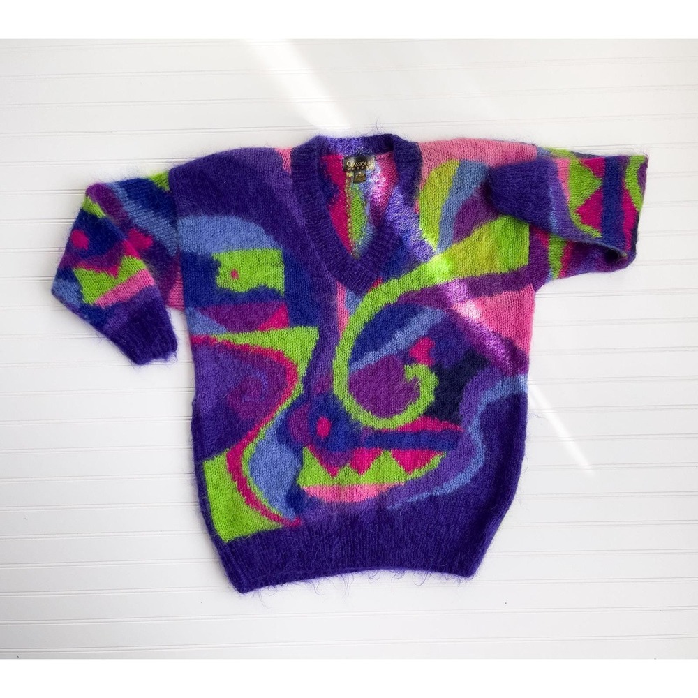 vtg Classiques purple lime green neon abstract‎ mohair sweater